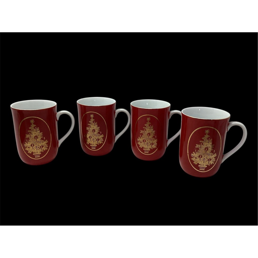 Set of 4 Vintage Otagiri Coffee Mugs Cups Christmas Bone China Tree Red Gold